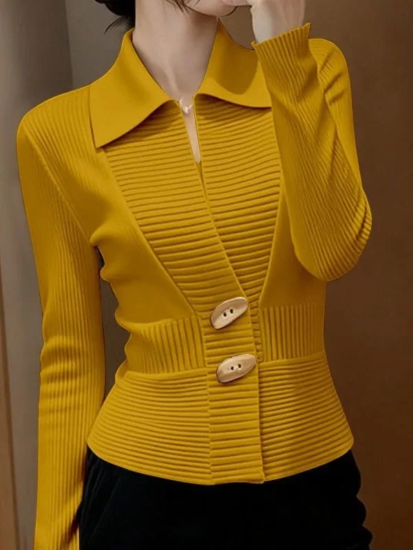 

Slimming Knitwear Casual Commute Sle Khaki Color Women's Long Sve Ne Single Button Closure Warmth Heating Autumn Top