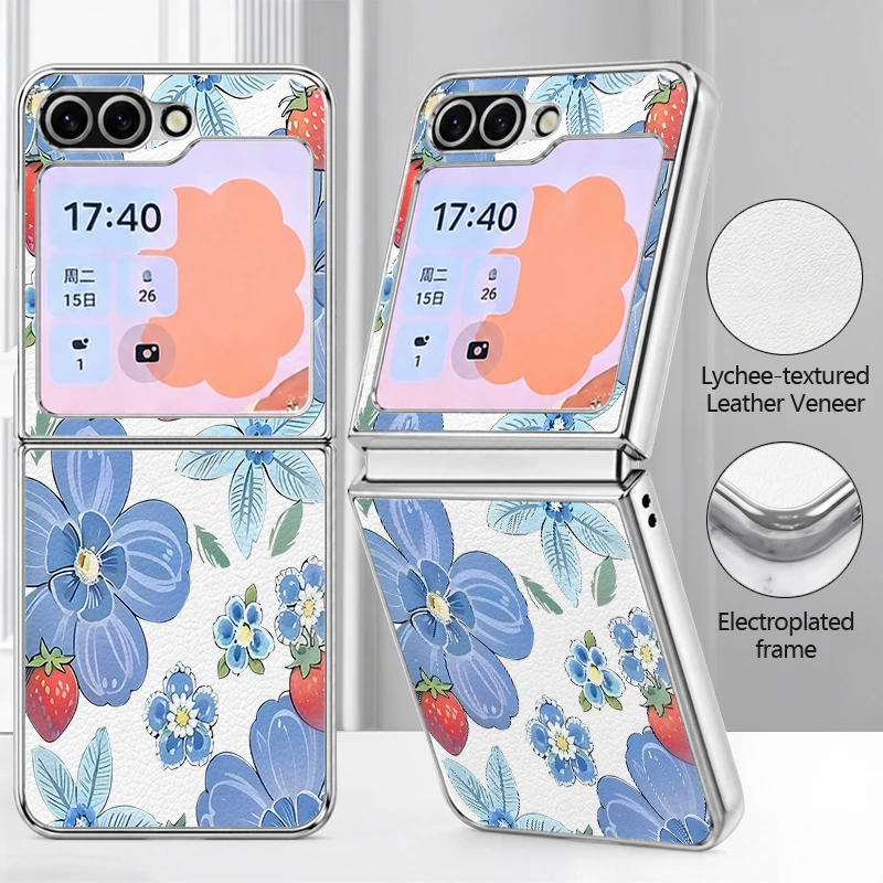 Blue Flower Patterned Lychee Texture Phone Case For Samsung Galaxy Z Flip7 FE Flip6 Flip5 Flip 7 6 5 Plating PC Frame Hard Cover