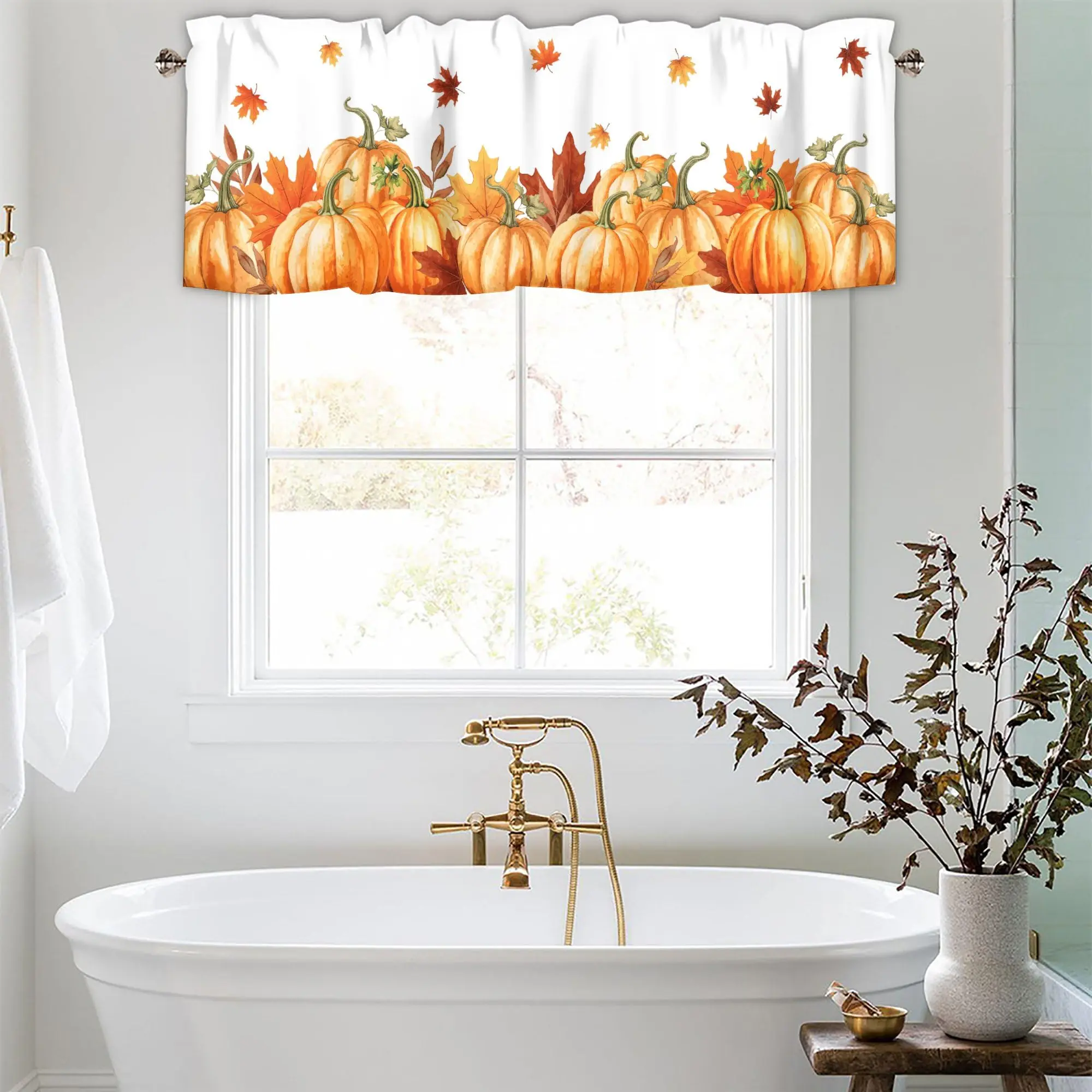 Fall Pumpkin Valance 1 Panel, Rod Pocket Curtain Topper, Thanksgiving Autumn Pattern Window Valance for Bathroom Bedroom