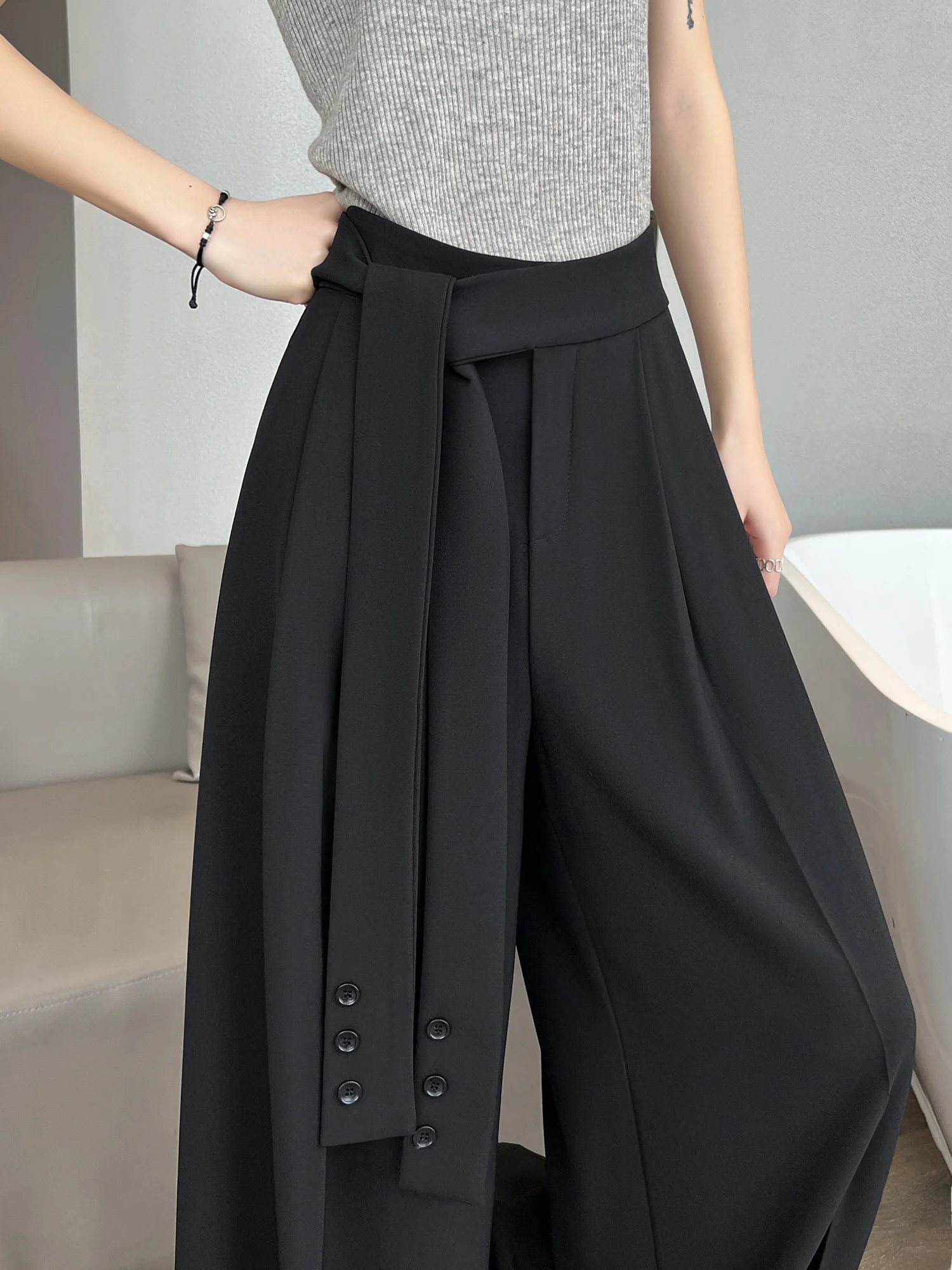 

Женские черные брюки-костюм с высокой талией, весенне-осенние, дизайнерские, с поясом, свободные, широкие, в пол, в корейском стиле