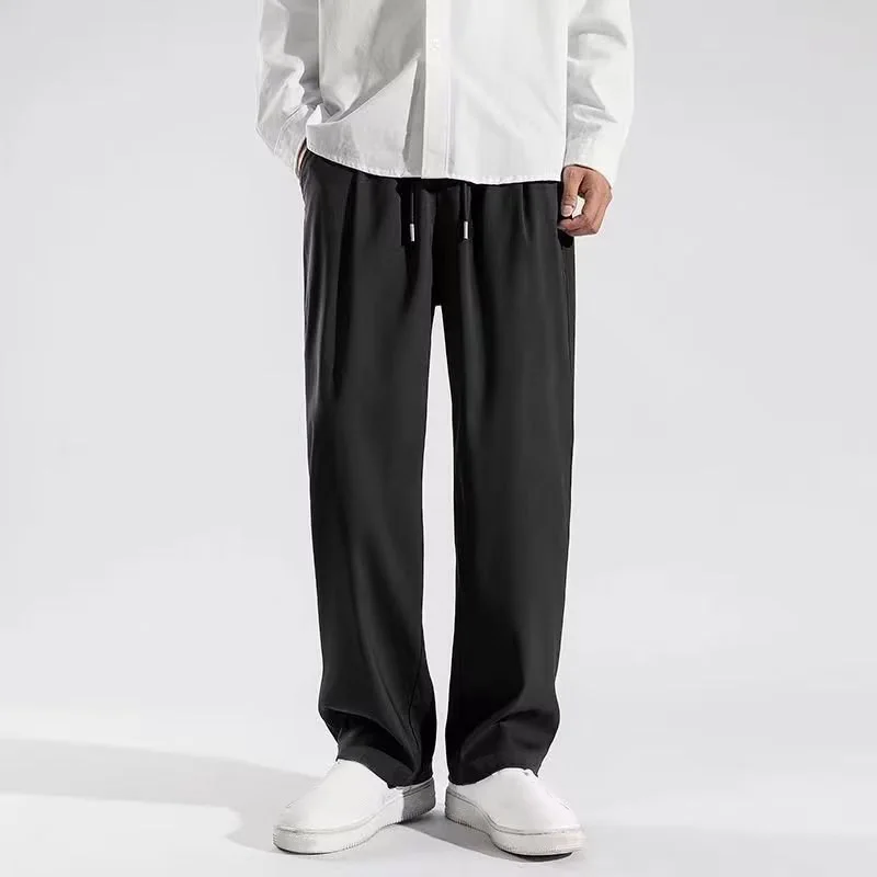 Summer Thin Straight Loose Casual Men'S Pants Elastic Waist Ice Silk Breathable Draping Wide Leg Long Baggy Trousers Sweatpants