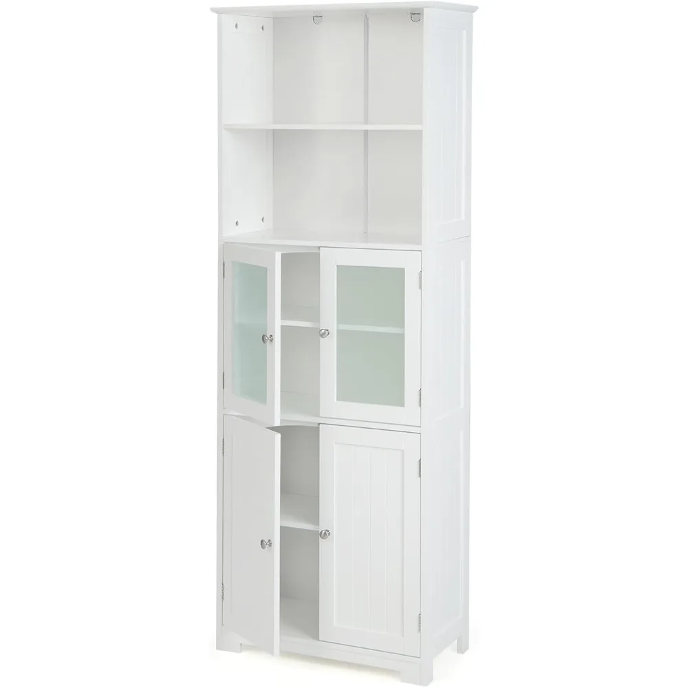 Tall Bathroom Storage Cabinet, Freestanding Kitchen Pantry Cabinet with Glass Doors and Adjustable Shelf, 64” Wooden Linen Floo