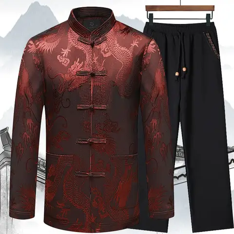 프린트 드래곤 전통 긴팔 당나라 세트, 중국 빈티지 핸드 단추, 만다린 칼라, 캐주얼 코트 및 바지