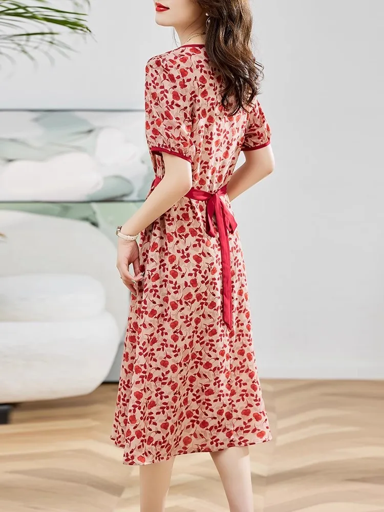 Elegante Zijden Damesjurk Hoge Taille Vintage Bloemenprint Lange Jurken Dames Zomer Korte Mouw V-Hals Mode Jurk