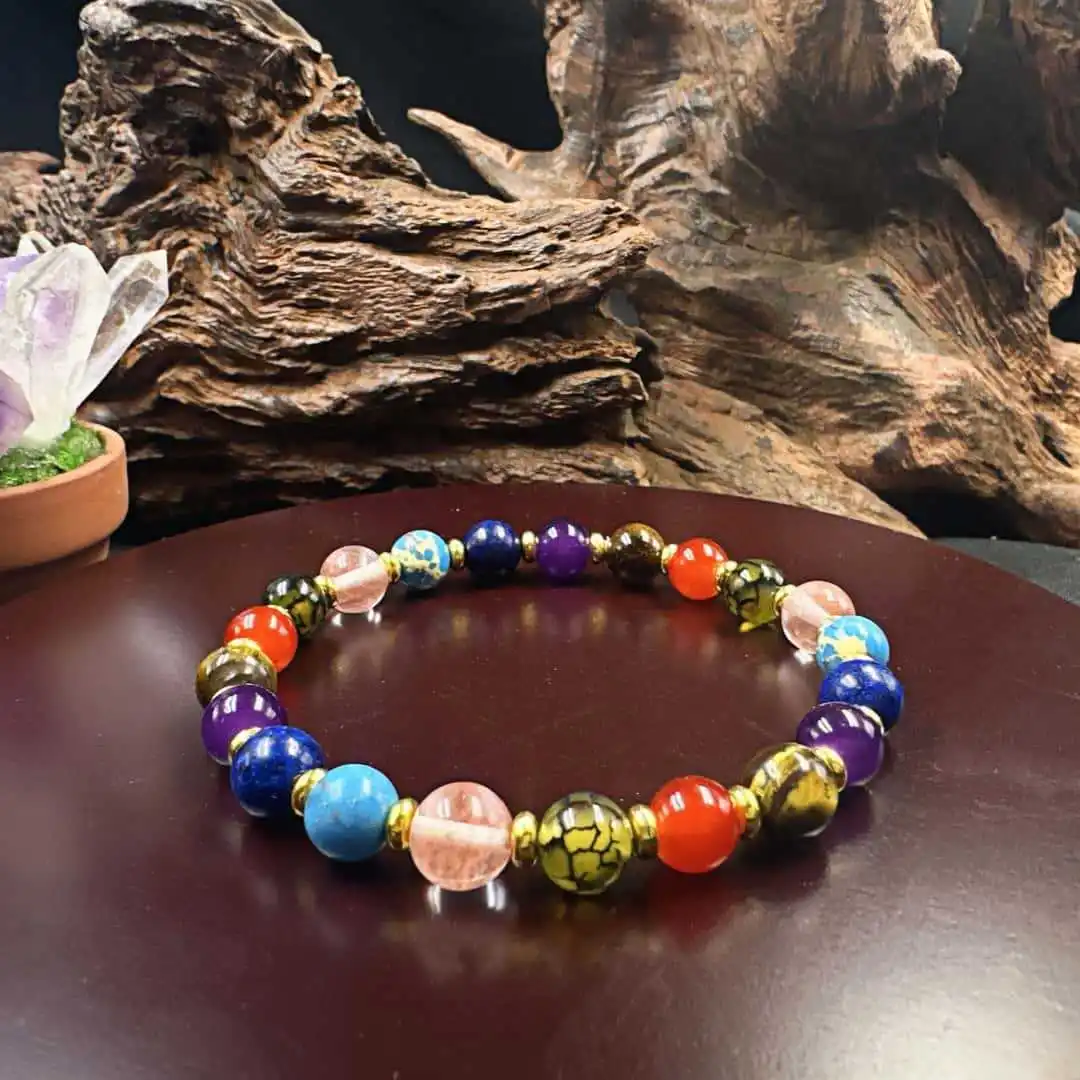 8mm Colorful Women's Yoga Bracelet Amethyst Tiger Eye Stone Lapis Lazuli and Other Six Kinds of Natural Stone Beaded Bracelet