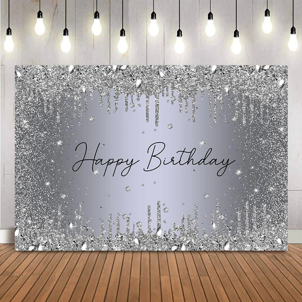 Gray Glitter Birthday Photography Backdrop Sliver Diamonds Happy Birthday Photo Background Photocall Newborn Kids Portrait Props