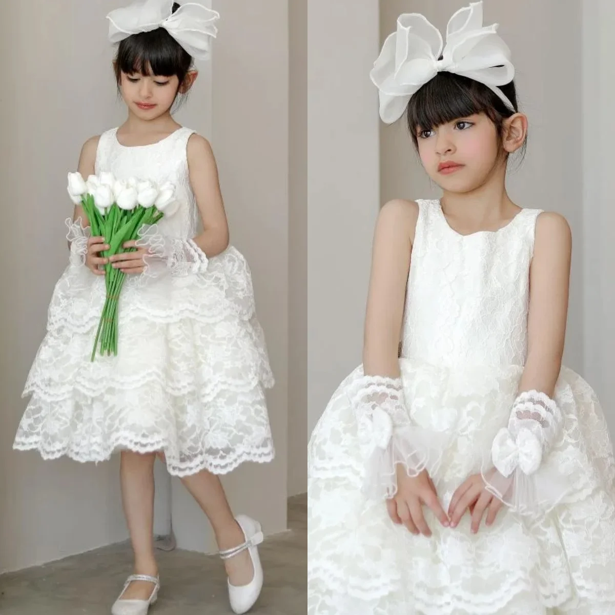 Elegante renda vestidos da menina de flor para o casamento personalizado na altura do joelho maca princesa vestidos de aniversário do bebê primeira comunhão vestido