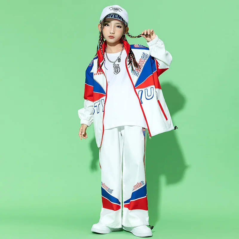 New Hip Hop Teen Kids Costume Patchwork Coat Pants for Girls Jazz Performance Clothes Boy Casual Jacket Sweatpants Dance Outfits