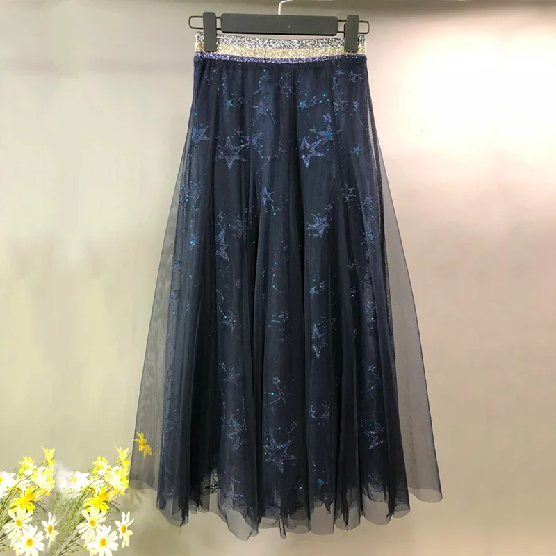 

New without Star Sky Sequins Heavy Industries Embroidery Elastic waist Medium length Mesh Half length Skirt