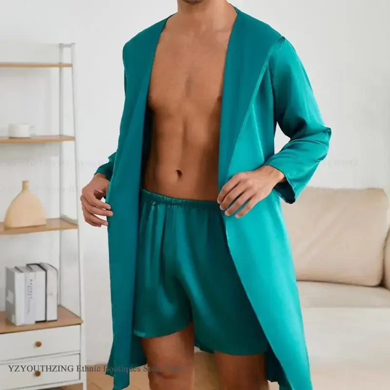 

Male Hooded Kimono Bathrobe Gown Silky Satin Nighty&robe Shots Set Pajamas Spring Summer New Men Sleepwear Loungewear Home Wear