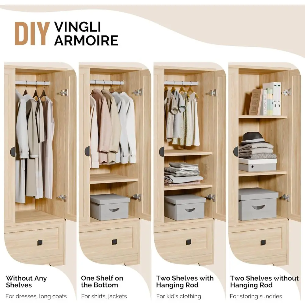 خزانة ملابس واقفة من خشب البلوط مع قضيب تعليق وأرفف وأدراج - 38 وات × 21 عمق × 65 ارتفاع لغرفة النوم أو النوم