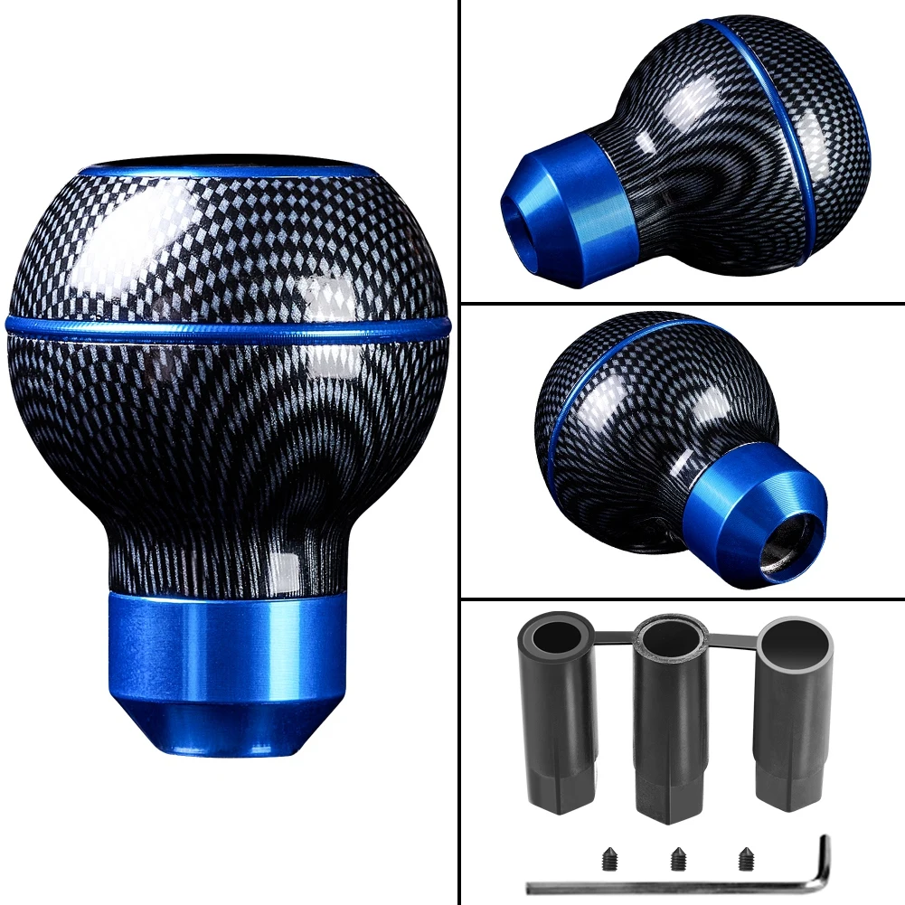 Blue Carbon Fiber Look Aluminum Gear Shift Knob Fit Universal Manual Transmission Vehicle 5 Speed with 3 Rubber Adapters