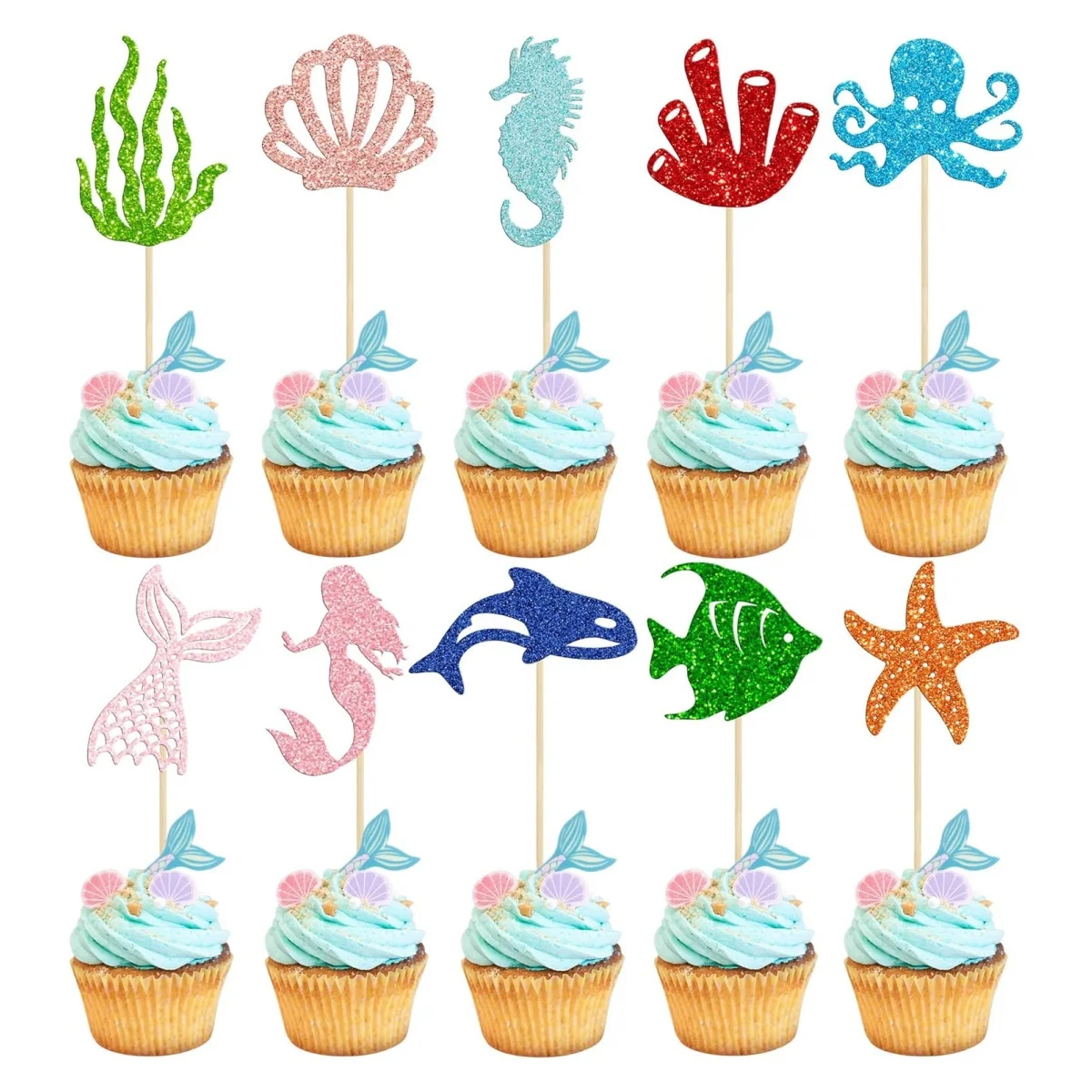 30Pcs Mermaid Cupcake Toppers Glitter Starfish Coral Mermaid Tail Cupcake Picks Octopus Seahorse Jellyfish Cake Decorations for