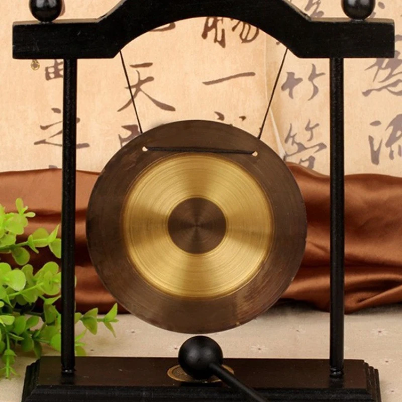 Mini Desktop Gong Table Wind Chime Percussion Instrument, Metal Cymbals Gongs with Mallet, Home Art Decor Housewarming Gift