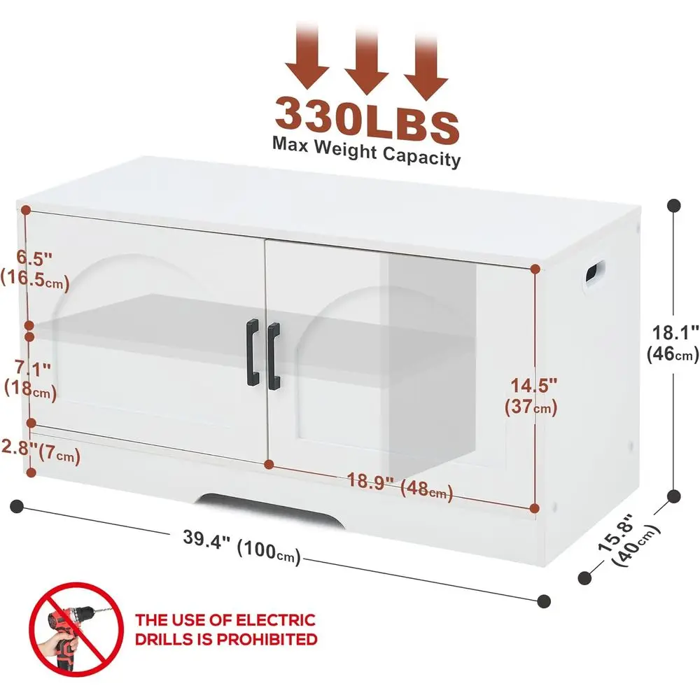 2-Door White Storage Bench, 39.4 Wide, Entryway Shoe Organizer, Adjustable Shelf, Holds 330lbs
