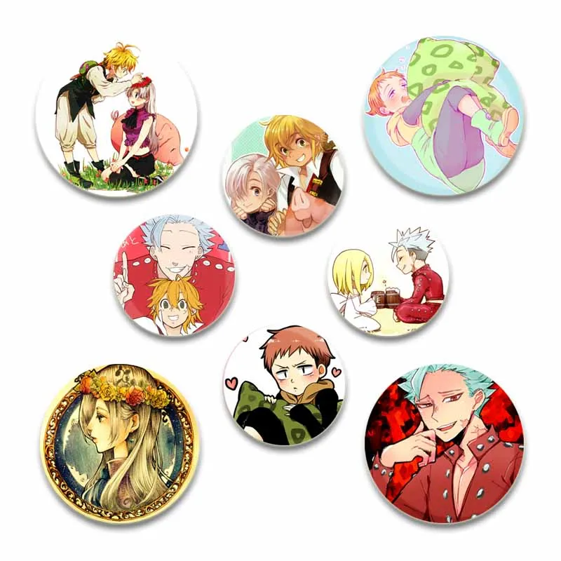 58mm Anime Figures Ban Diane Meliodas Gowther Elizabeth Liones/King Brooches Badge Snap Button Pins for Clothes Decoration Gifts