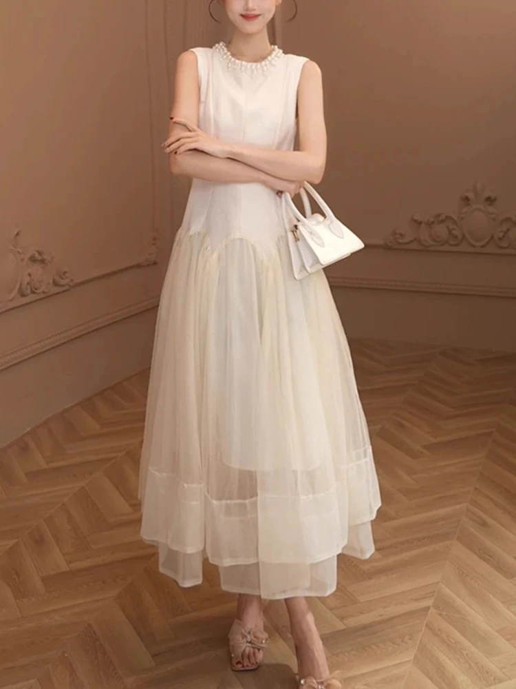 

Embroidered Flares Splicing Mesh Dresses Spring Women Sleeveless Round Neck Big Swing Dress Summer High Waist Knee Length Dress