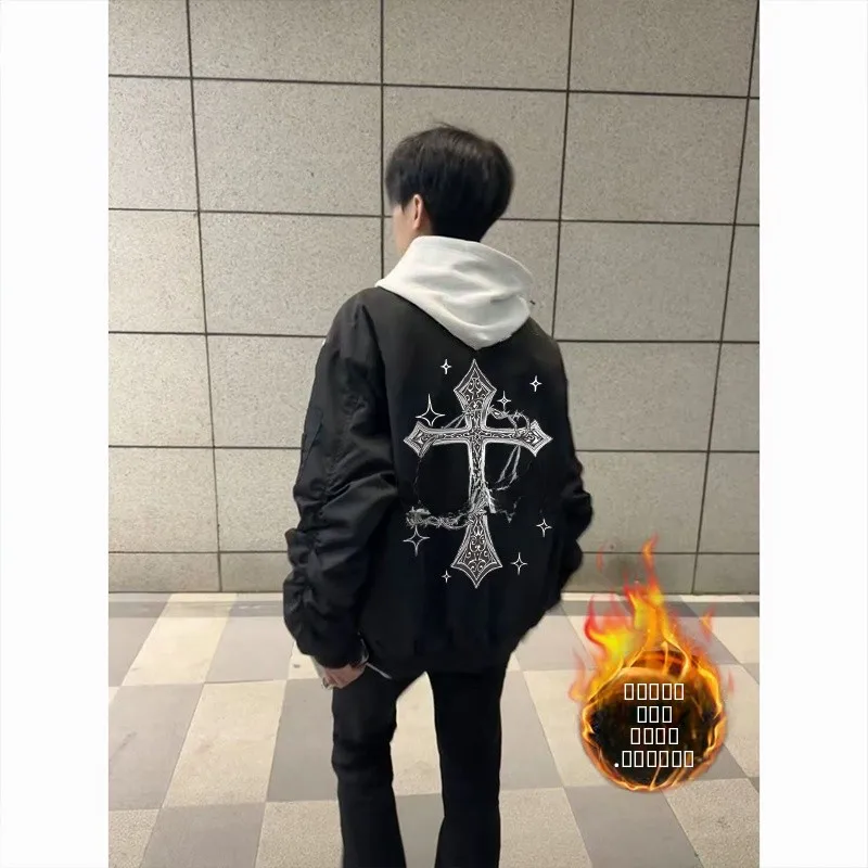 

Men's Winter Cotton Jaet Baseball Sle Flight Coat American Casual Faionable Thiened Polyester Fiber Warm Zipper Closure