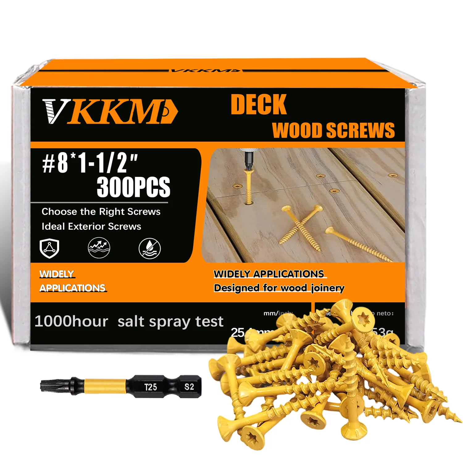 

VKKM 1-1/2-inch Deck Screws, Wood Screws #8*1-1/2，300 Pieces, Anti-rust Epoxy Resin Coating, Including Torx T25 Drive, Yellow.