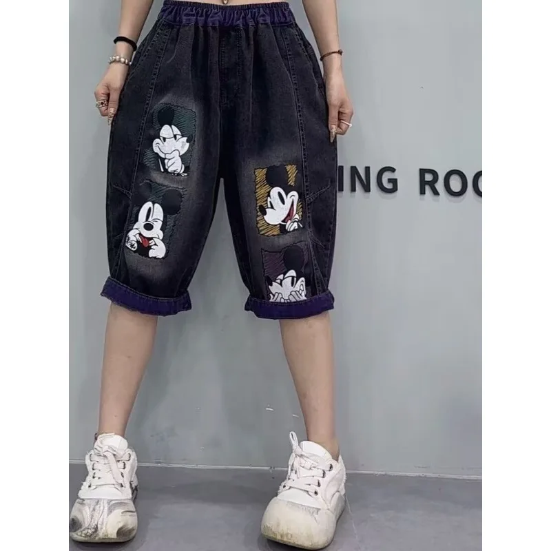 

Women's Mickey Graffiti Print Denim Shorts Loose Wide-Leg Harem 5/6 Length Versatile Slimming Cartoon Jeans ladies clothes