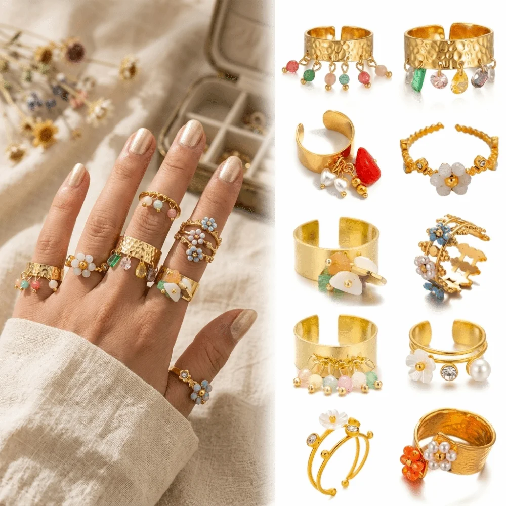 Gold Tone Charm Open Ring Adjustable Band Non Fading Statement Ring Long Lasting Finish Lightweight Fashion Ring Summer