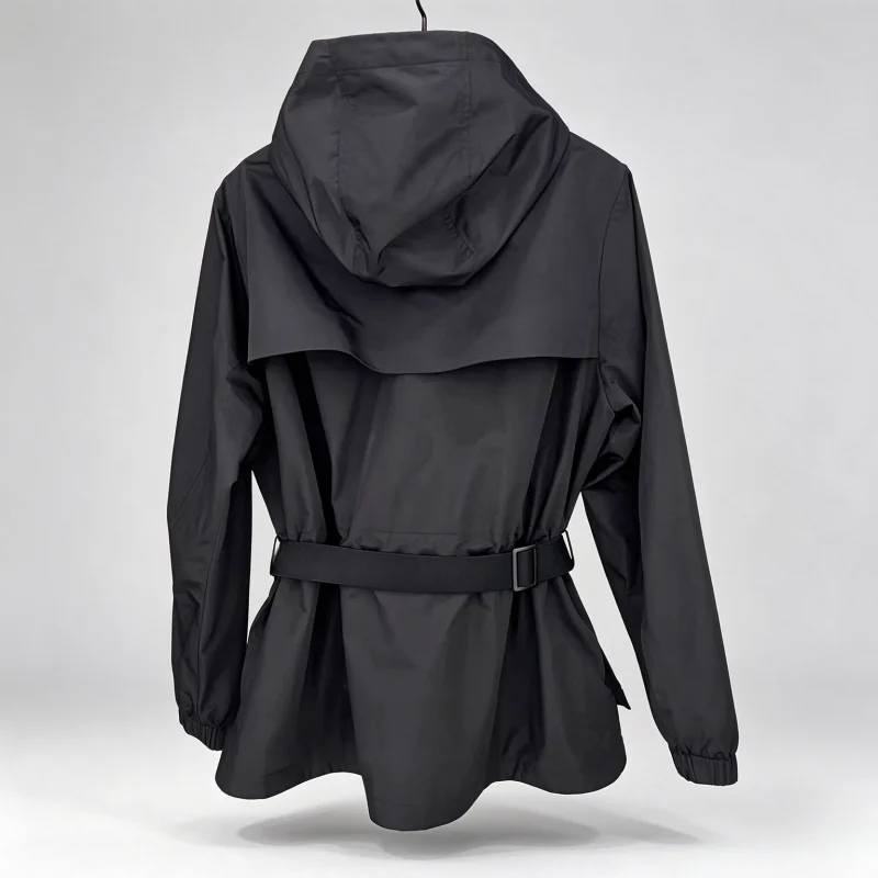 Early Fall Ladies Golf Hooded Windbreaker Full Zip Stand Collar Casual Outerwear with Adjustable Waist Belt