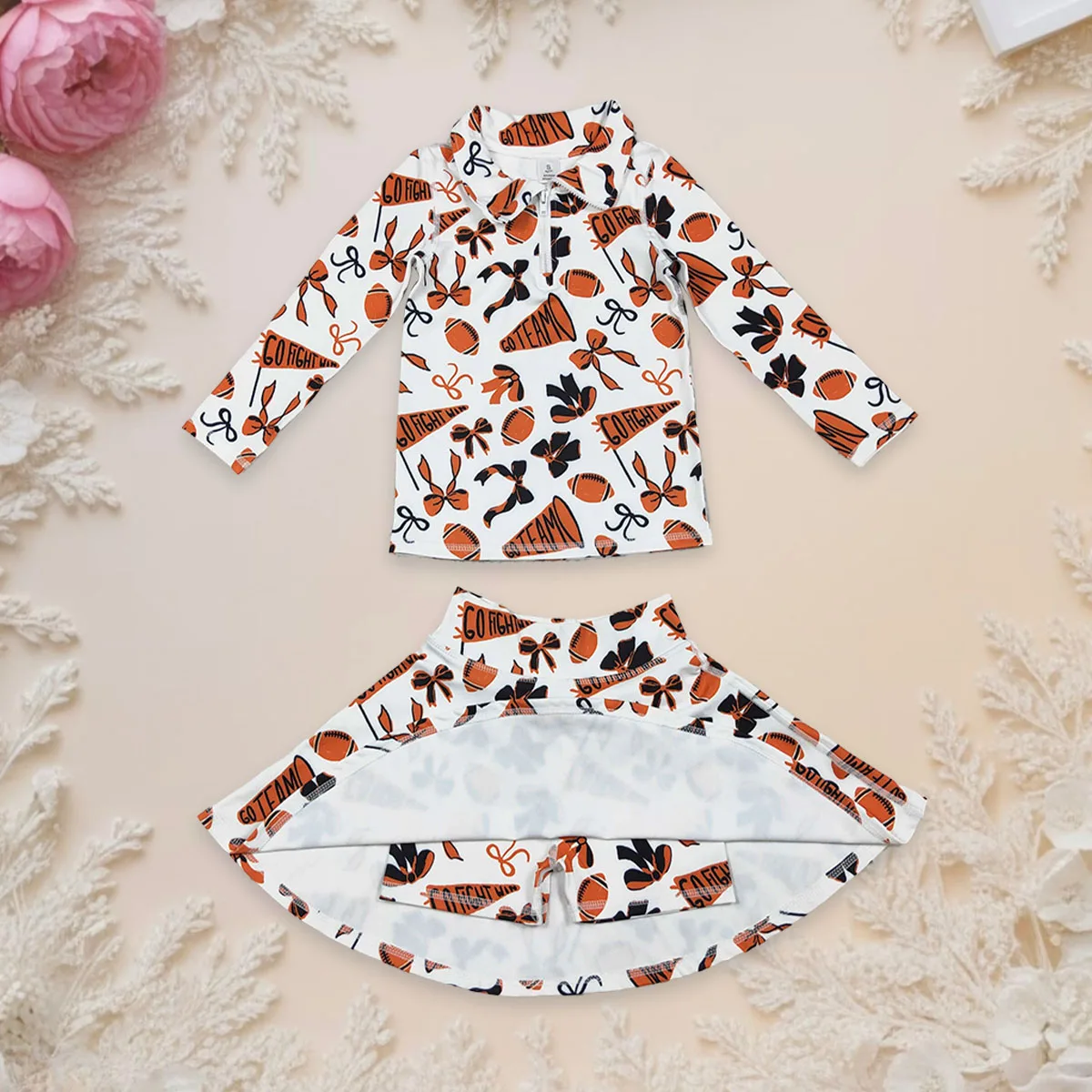 

Baby Girl Toddler Long Sleeve Orange Black Bow Zipper Pullovers Skorts Set Yoga Active Kids Children Two Pieces Outfit Wholesale