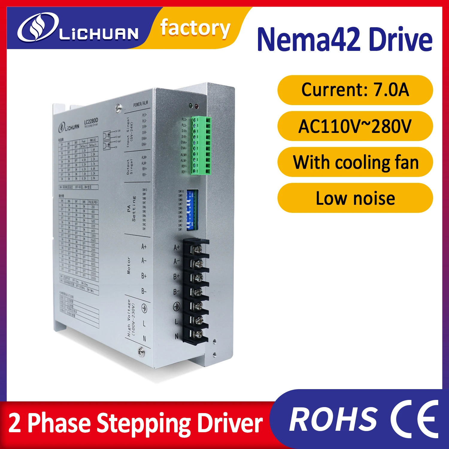 

2-фазный драйвер шагового двигателя 220 В переменного тока 8A LC2280D подходит для Nema34 Nema42 Nema52 контроллер скорости шагового двигателя для упаковочной машины с ЧПУ