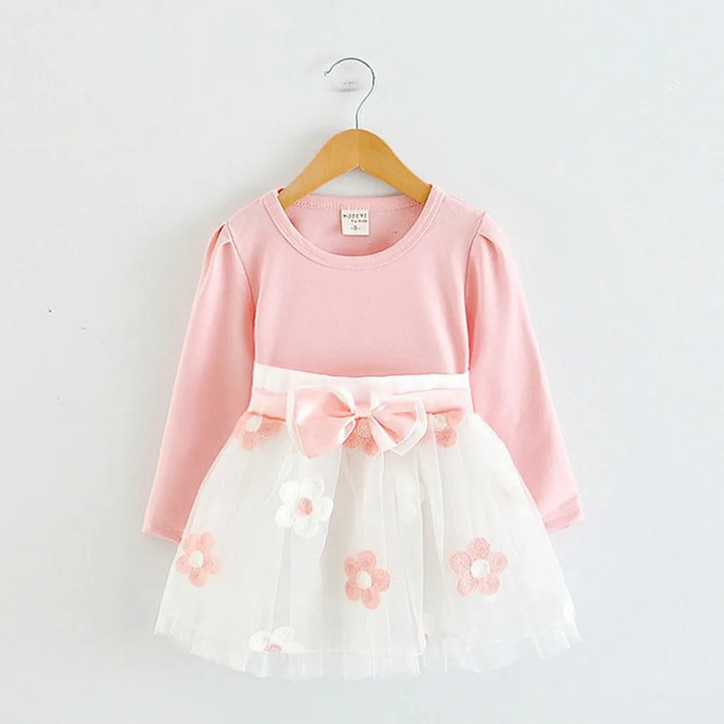 

Toddler Girls Long Sleeve Tulle Dress Patchwork Flower Bow Dresses Girls Clothes Kids Baby O-neck A-Line Birthday Party Vestidos