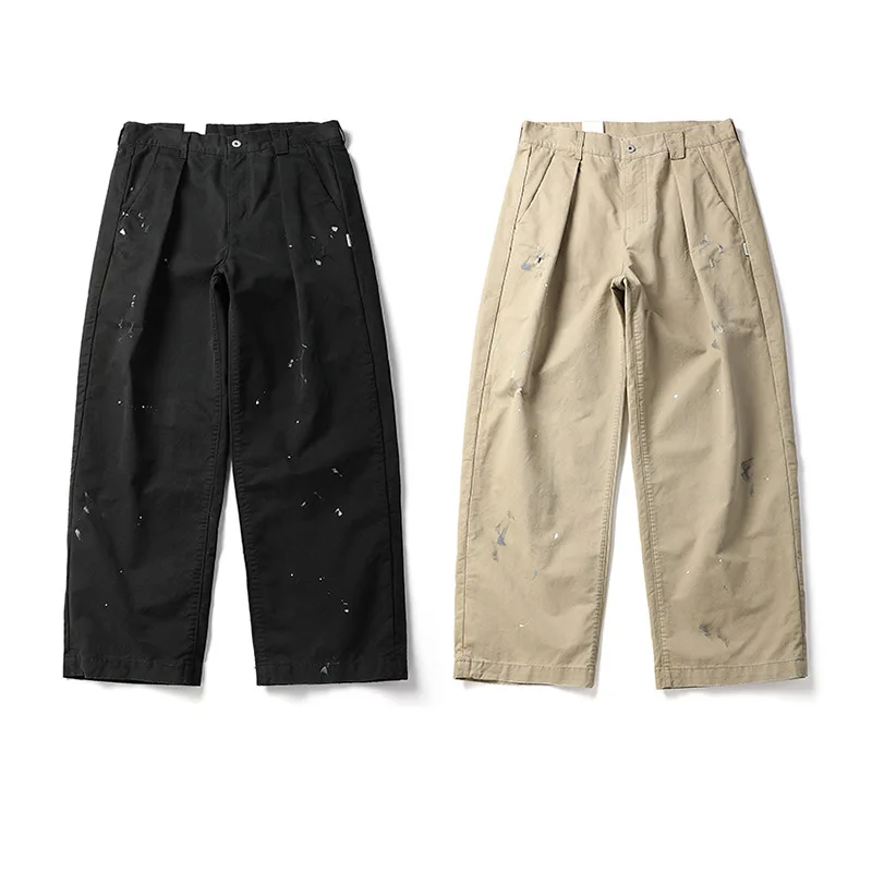 

Retro Japanese Sle Men's Work Pants Distred Destructed Ink Splatter Loose Straight Leg Trendy Streetwear Casual Trousers