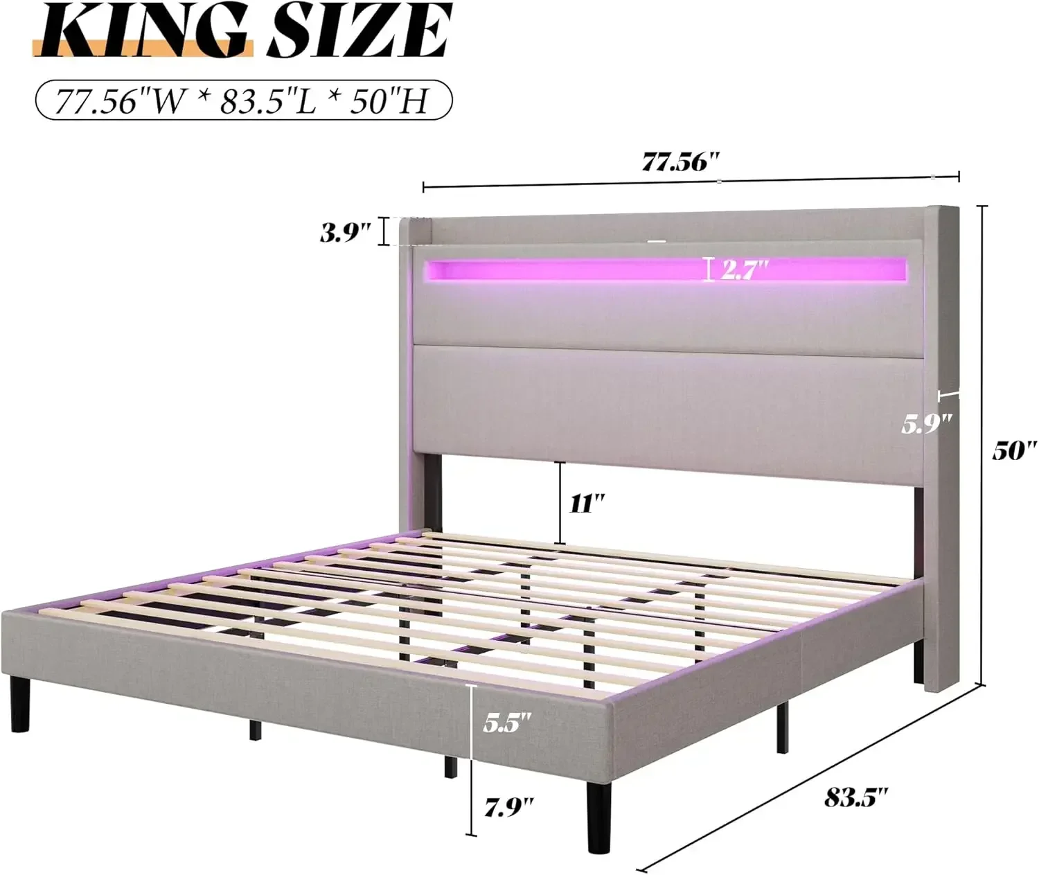 King Bed Frame with LED Lights & Wingback Headboard, Upholstered Platform Bed with USB & USB-C Ports