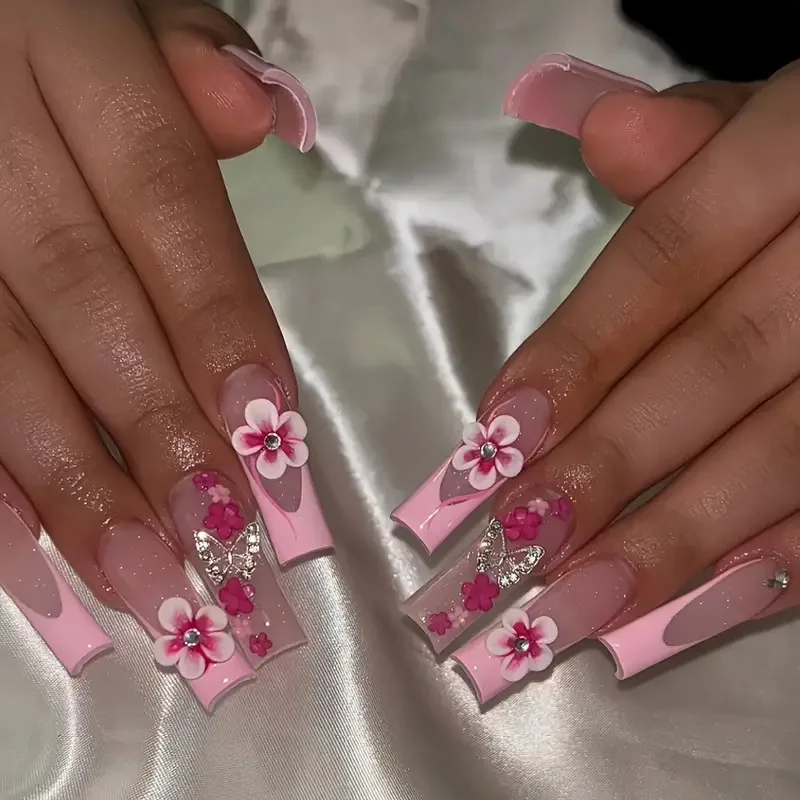 

24Pcs Long Square Head Press on Fake Nails 3D Flower Butterfly Rhinestone False Nails Pink French Reusable Full Cover Nails Tips