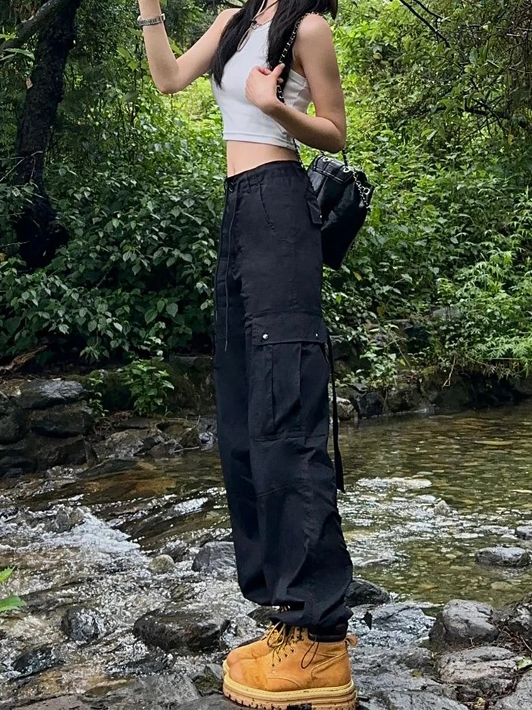 

Американские ретро-брюки черного цвета для женщин, весна-осень, новые, свободные, стройнящие, с длинными штанинами, сексуальные, на шнурке, широкие джинсы