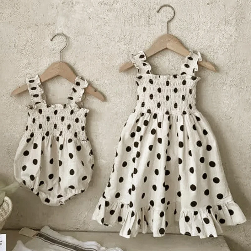 Sister Outfit Summer Children Clothes Baby Girl Party Dress Cotton Dot Camisole Dress Splicing Baby Romper Kids Princess Dress