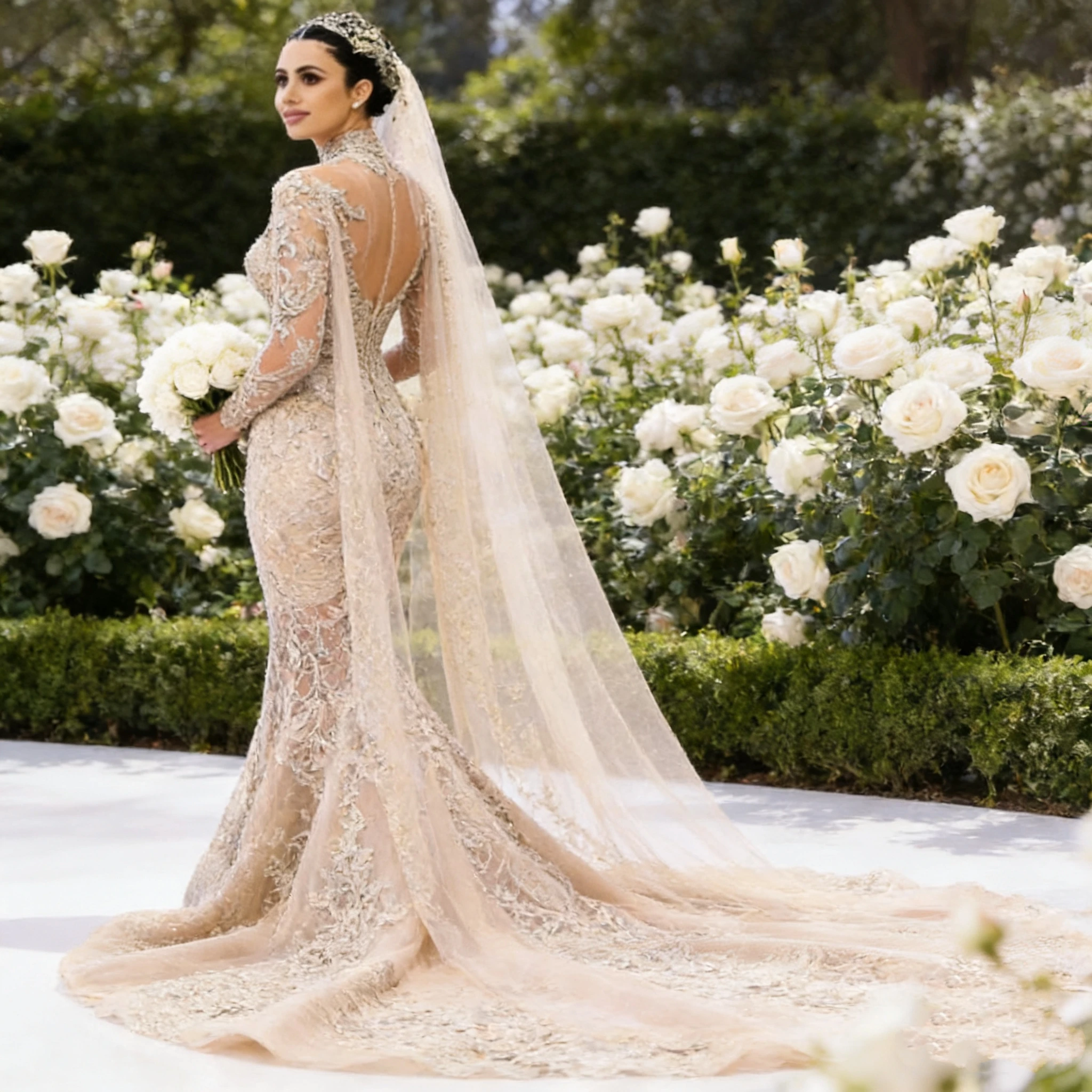 

Customized Arabic Champagne Mermaid Wedding Dress With Detachable Train High Neck 3D Lace Appliques Long Sleeves Bride Gowns