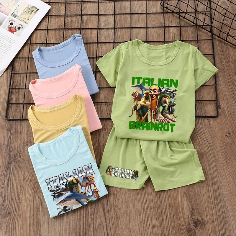 

Italian Brainrot Series Pajamas Short Sleeve Hot AI Animals Boy Girl Sleepwear Summer Cartoon Children Home Clothes Set Gift