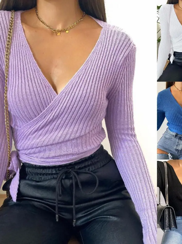 Slim Fit V Neck Wrap Blouse Long Sleeve Color Block Street Style Knitwear Regular Thickness Spring Collection Women's Fashion