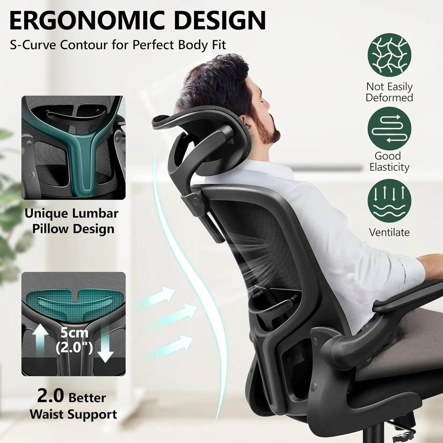 Office Chair Ergonomic Desk Chair with Headrest, High Back Computer Chair with Adjustable Lumbar Support and Wheels,Executive Sw