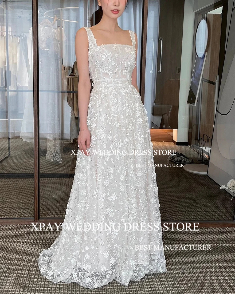 XPAY Luxury Square Neck Korea Wedding Dresses Lace Beading Wide Straps Bridal Gown Photos Shoot Sleeveless A Line Bride Dress