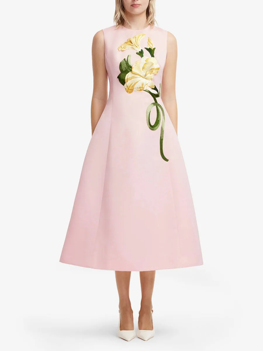 TWOTWINSTYLE Solid Spliced Flower Slimming Midi Dress for Women Round Neck Sleeveless Patchwork Zipper Dresses Female Fashion