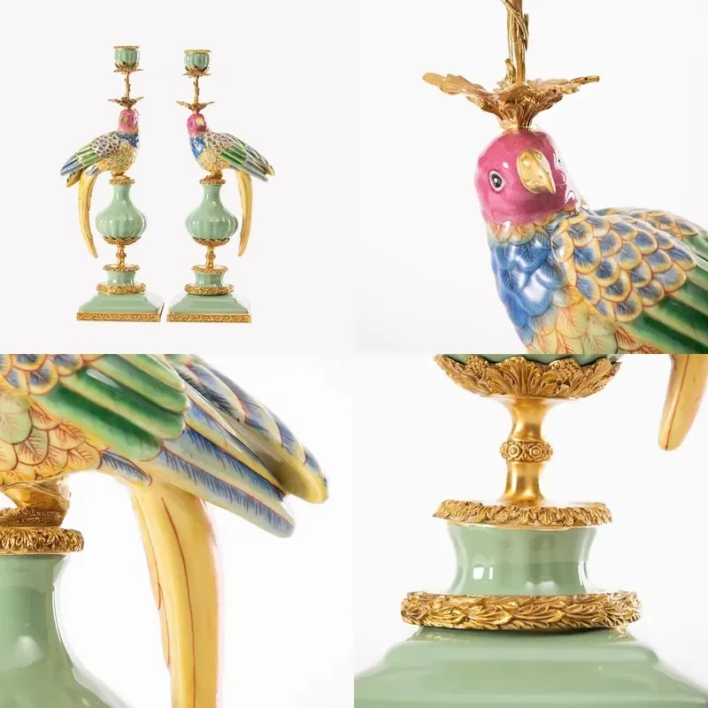 Unique European American Home Decor Brass Ceramic Bird Candlestick Holder for Restaurant Fireplace Decoration Crafts