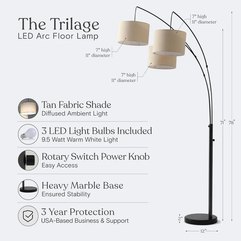 Trilage-Lampe autoportante noire à 3 têtes, luminaire décoratif d'intérieur, idéal pour une chambre à coucher ou un canapé