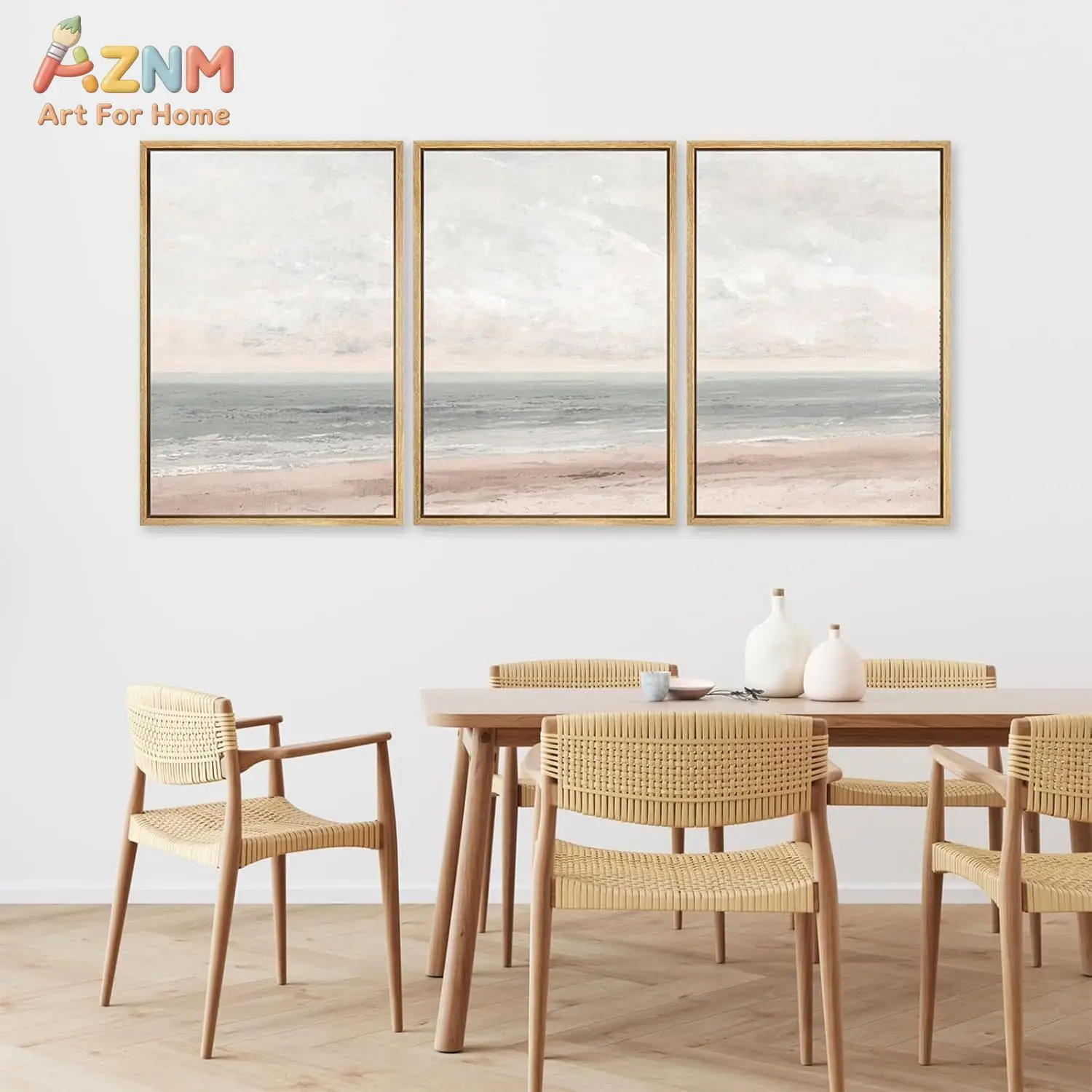 3PCS Soft Blush Pink Beach Canvas Prints Set Neutral Ocean Waves Wall Art Posters for Living Room Bedroom Minimalist Coastal Hom