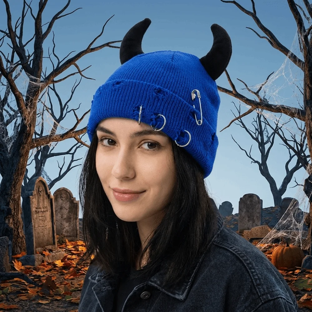 Punk Yarn Devil Horns Hat Distressed Solid Color Winter Pullover Cap Adjustable Hip Hop Knitted Beanie Outdoor