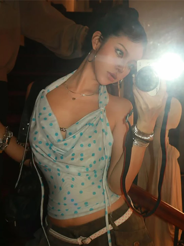 

Kliou Polka Dot Print Tank Tops Woman Halter Swing Collar Backless Navel Exposed Design Hot Girls High Street Style Classic Vest