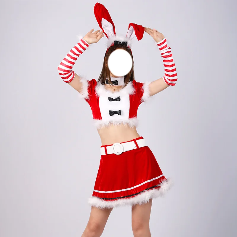 2023 Christmas Party Women Sexy Top Skirt Bunny Santa Costume Red Velvet XMAS Fluff New Year Christmas Cosplay Cute Fancy Dress