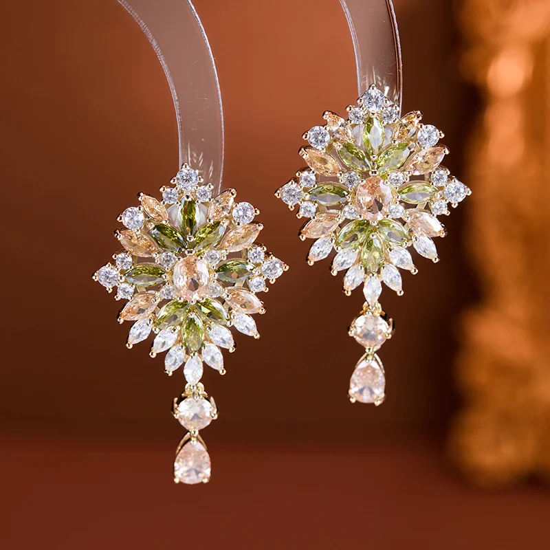 Stylish Multicolor Zircon Flower Cluster Dangle Earrings Water Drop Long Tassel Women Evening Party Daily Ear Accessories