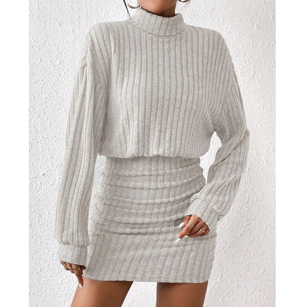 

Mia Muse Women's Dresses Autumn Casual Fitting Slim Plain Knitted Long Sleeve High Neck Mini Bodycon Fashion Dresses