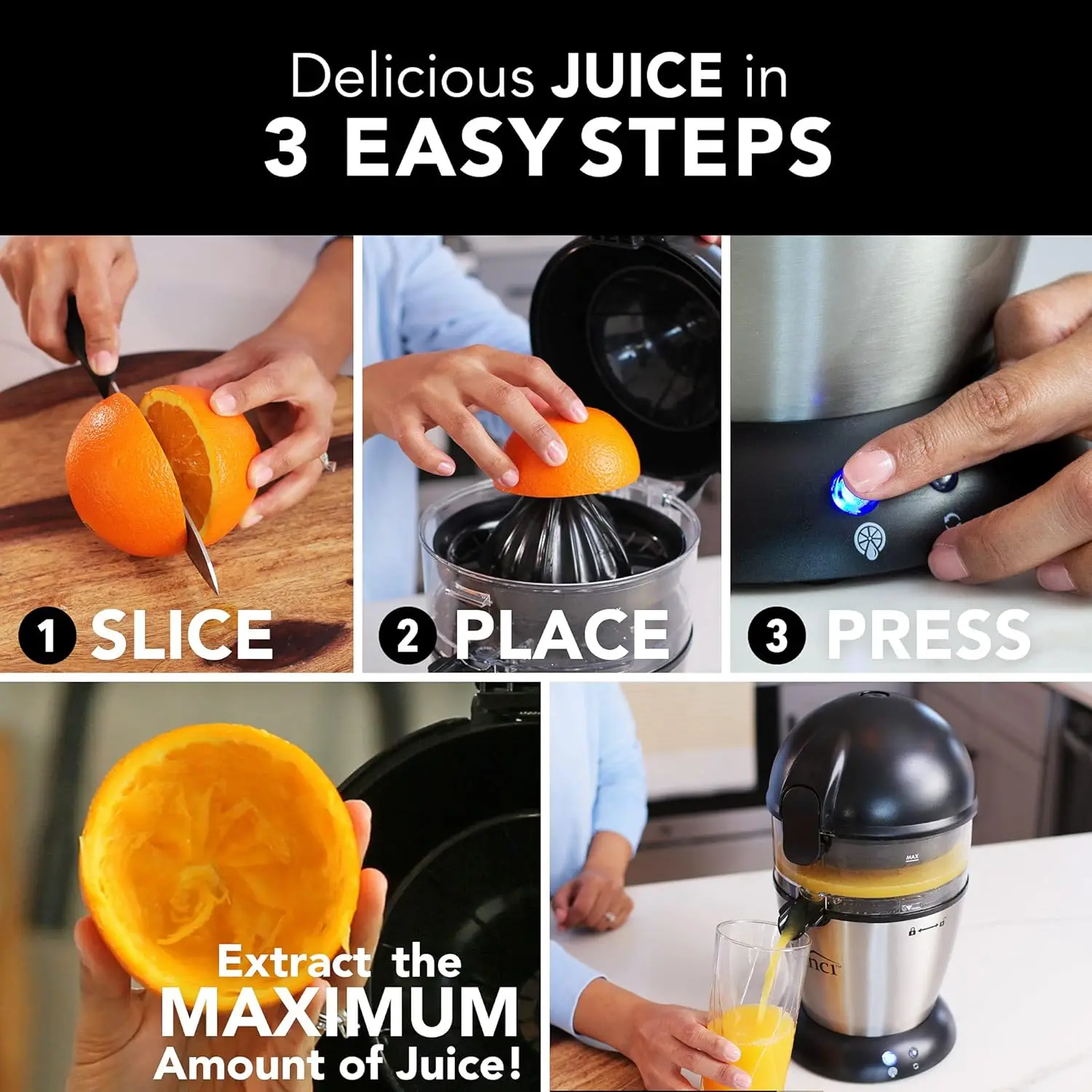 Hands Free Electric Citrus Juicer, 1-Button Juicer Machine, Orange Lime Grapefruit Lemon Squeezer, Easy to Clean Orange Ju