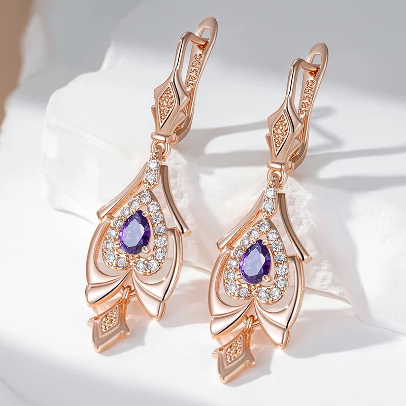 Purple Zircon Vintage 585 Golden Pendant Earrings for Women Long Ear Dangle Elegant Wedding Jewelry Luxury Accessories Gifts